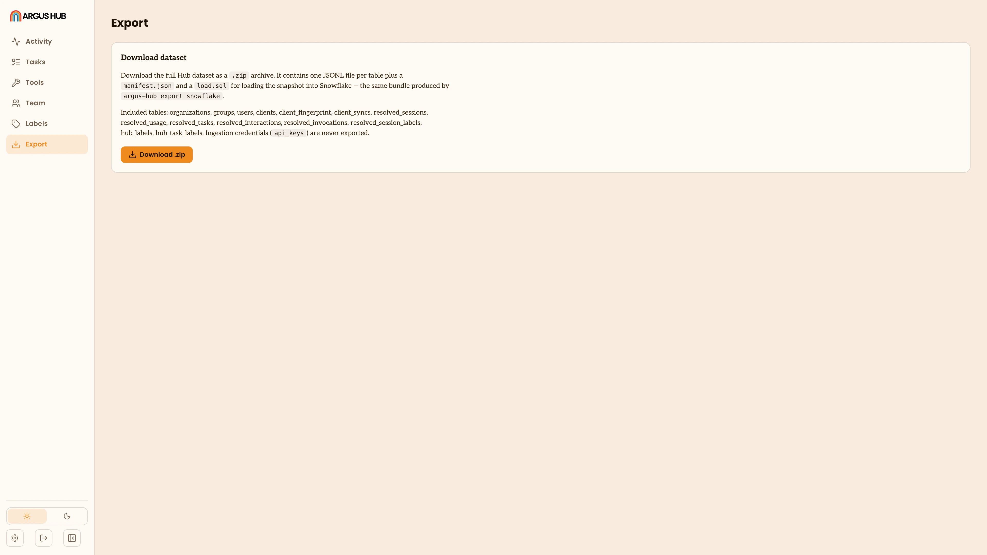 The Argus Hub Export page, with the download button for the Snowflake-ready zip.