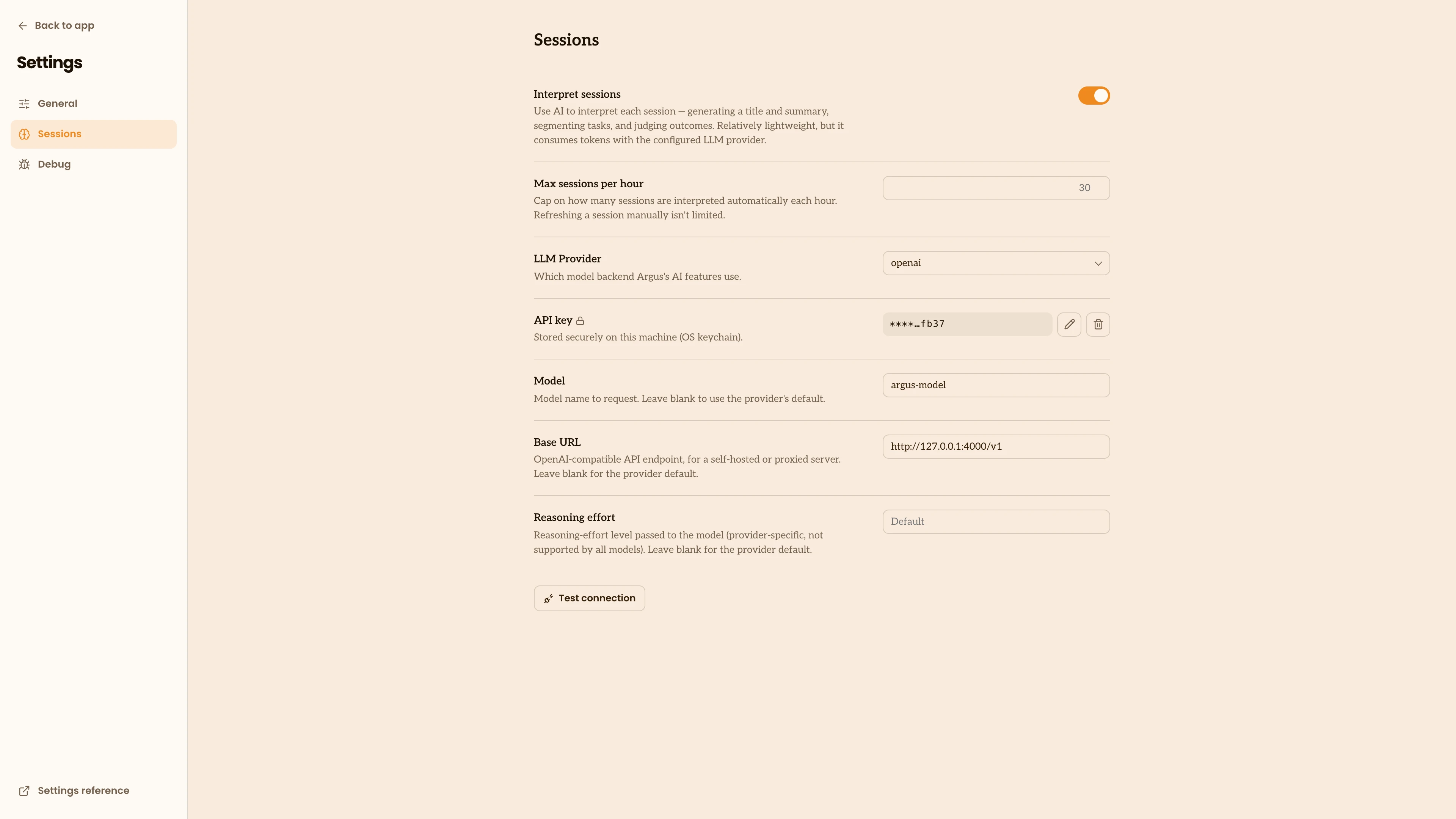 Sessions settings pointed at a gateway: OpenAI as the provider, the gateway key stored securely, the gateway model and the gateway base URL.