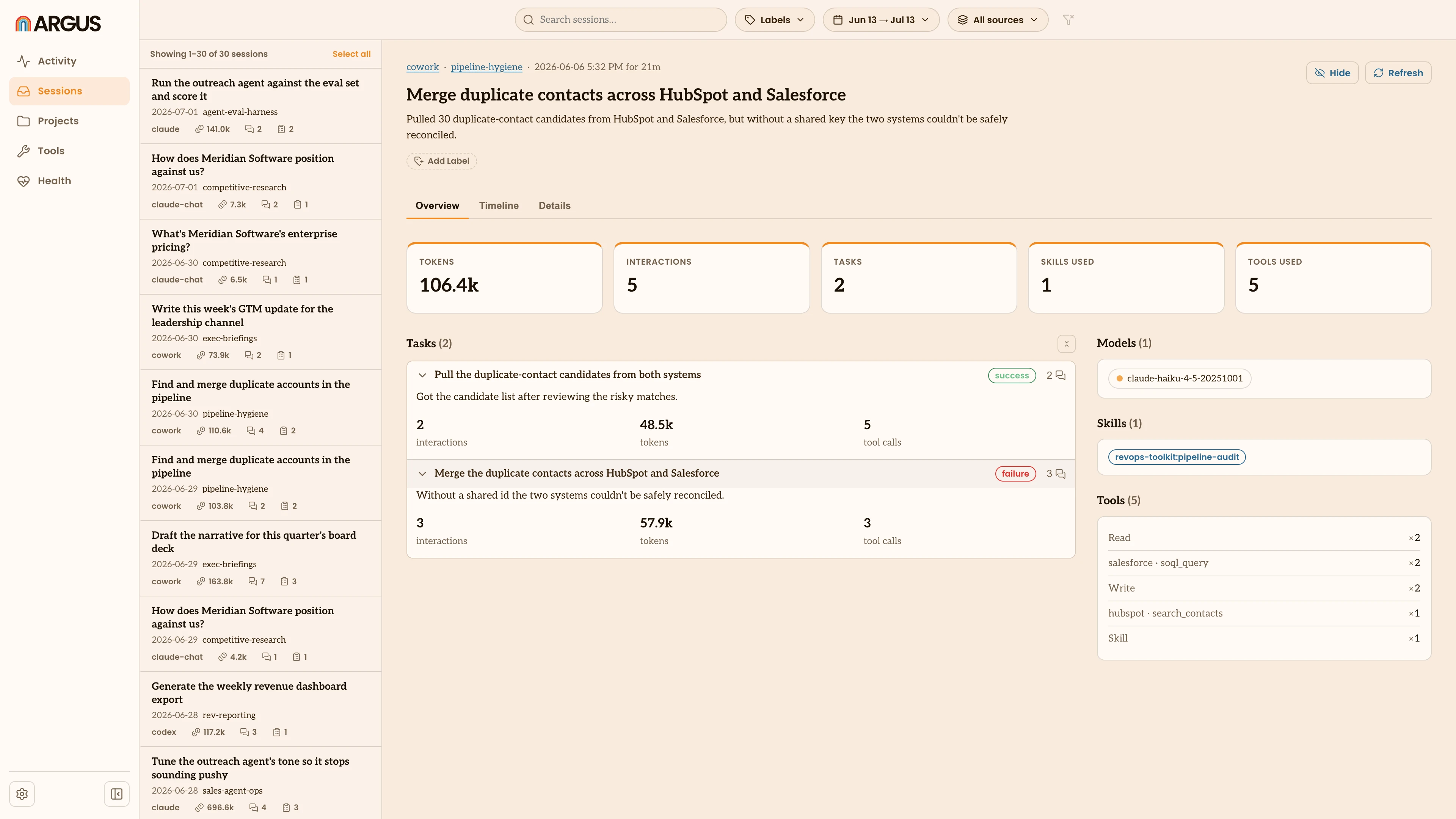 A session's tasks with a failed task expanded: its outcome and what the task took.