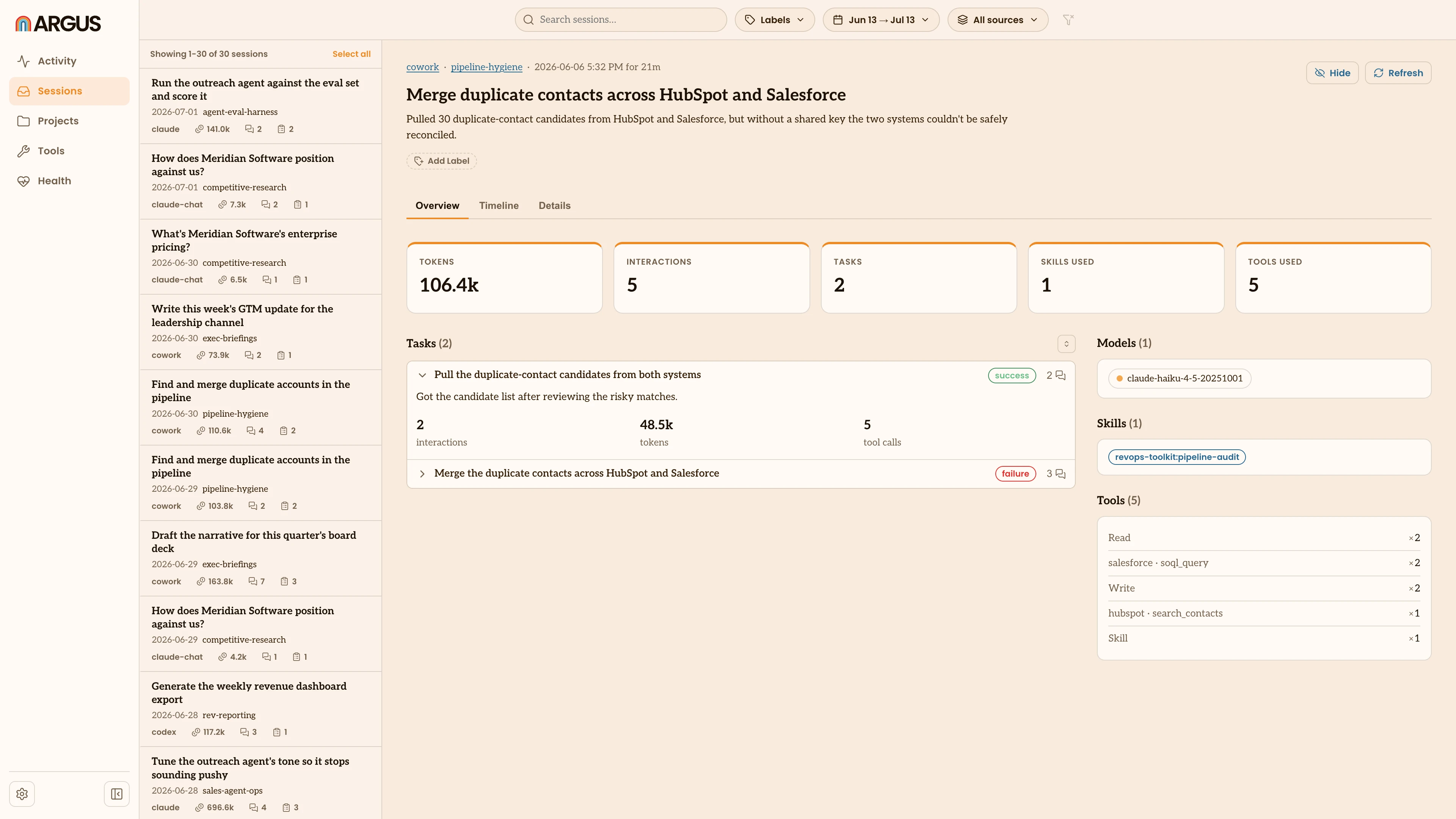 A session's Overview tab: stat cards, the tasks in the session, and the models, skills and tools it used.