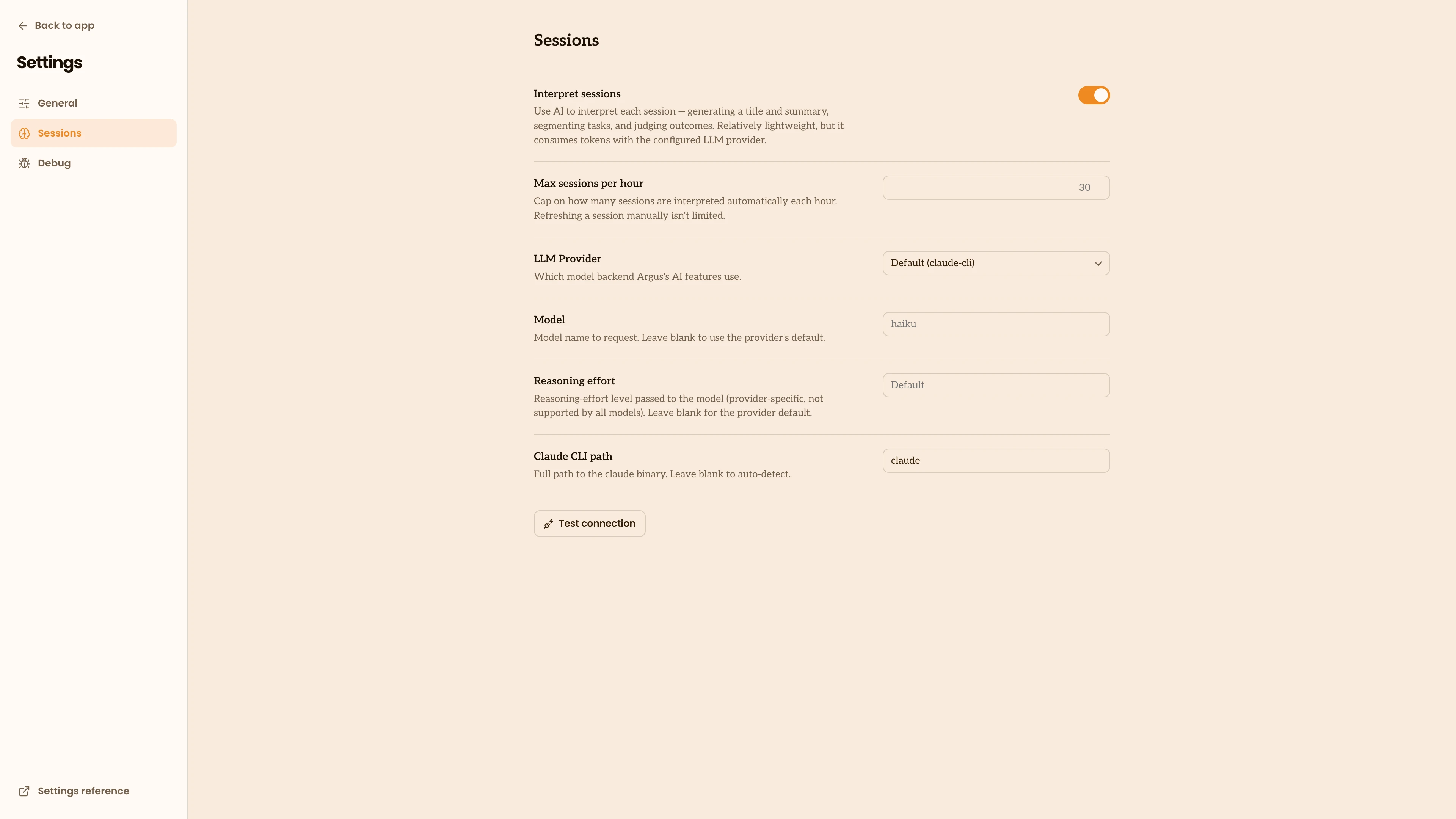 Sessions settings: task interpretation and the model provider it uses.